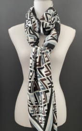 Mooie langwerpige sjaal met zijde. Lichtblauw, bruin, ecru, zwart