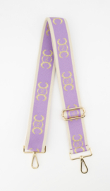 Schouderband / cameraband / tassenriem met gouden lurex letters. Lila / gouden gespen