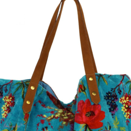 Mooie fluwelen shopper van Imbarro. Turquoise. Paradise print.