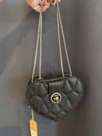 Imitatie leren tasje hart. Zwart. Dubbele ritsen. Zilver.