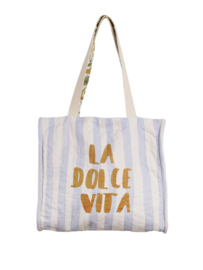Reversible katoenen tas met print. La Dolce Vita. Lichtblauw-ecru