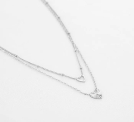 RVS (stainless steel) dubbele ketting met hartjes. Zilver of goud
