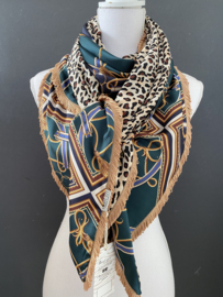 Klassiek vierkant dessin met bruine mini panter achterkant, couture sjaal