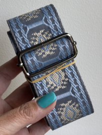 Schouderband / cameraband / tassenriem, stevig materiaal, Fancy dessin, jeans blauw-zand.