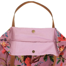 Mooie fluwelen shopper van Imbarro. Lila / roze. Paradise print.