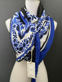 Groot vierkant design in kobalt blauw - wit / zwart mini stipje, couture sjaal