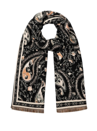 Langwerpige soft sjaal, zwart/camel/zacht oranje paisley.