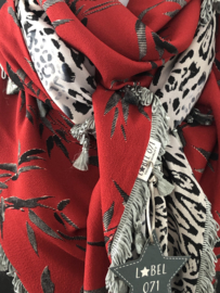 Warm donkerrood blaadjes patroon / Grijs panterdessin,  couture sjaal.