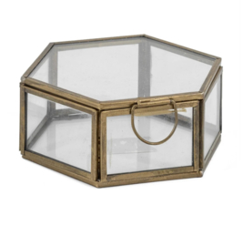 Glazen opberg box. Hexagon (6 hoekig) Antiek goud / brons metaal.