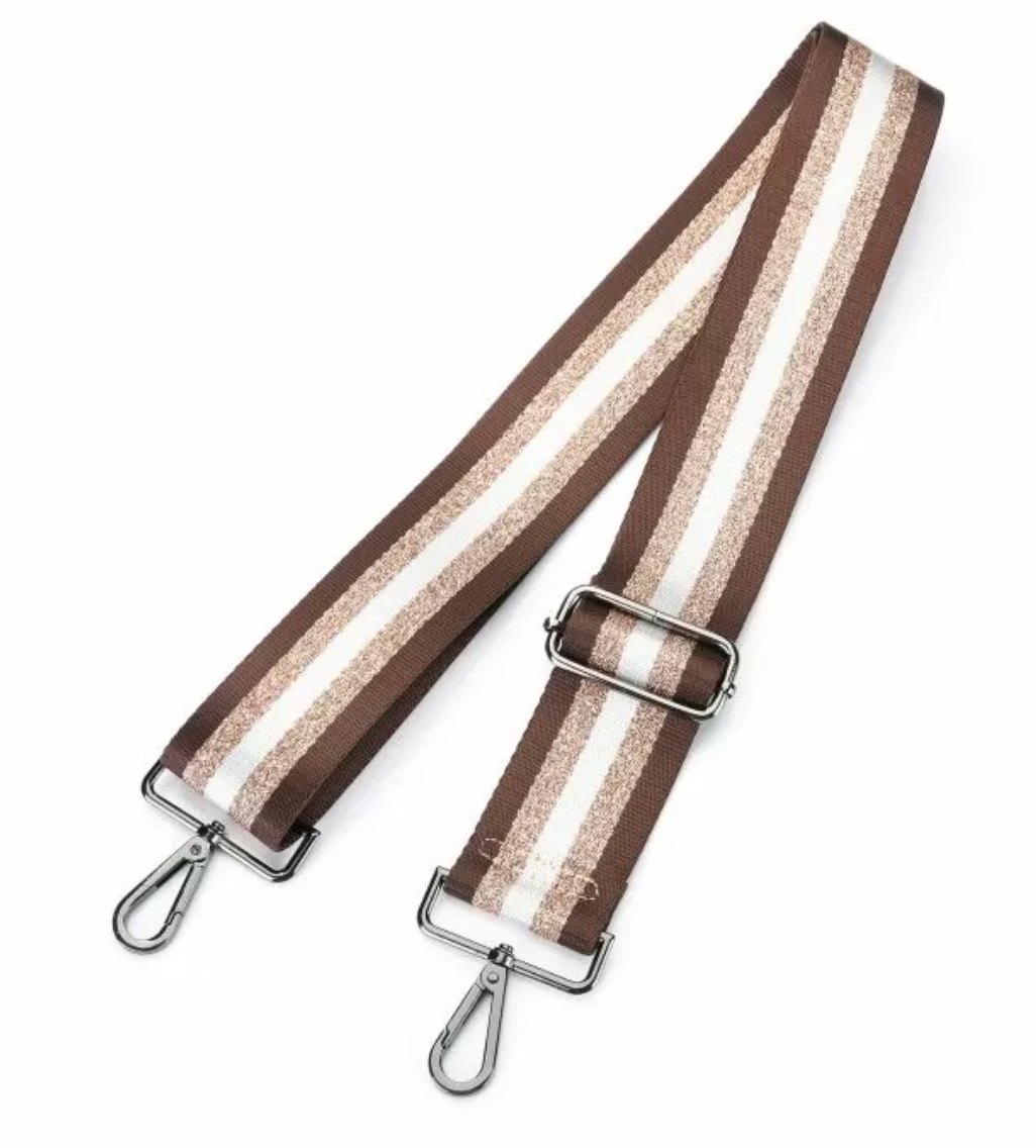 Schouderband / cameraband / tassenriem,  gestreept bruin met lurex.