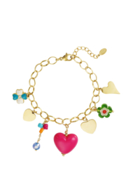Armband RVS (stainless steel) met bedels. Groot Fuchsia roze hart.