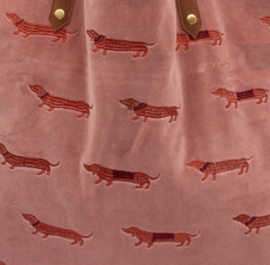 Mooie fluwelen shopper van Imbarro. Teckel Borduur Noble, oud roze