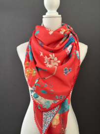 Prachtig rood vogel en bloem dessin / mini bloemetjes print achterkant. Couture sjaal.