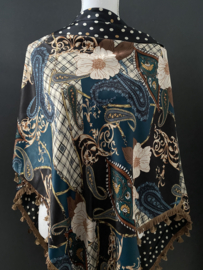 Groot dessin petrol blauw - bruin  / kleine polka dot, couture sjaal.