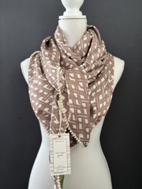 Blauw-groen / felgroen bloem dessin / taupe geografische print achterkant. Couture sjaal.