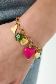 Armband RVS (stainless steel) met bedels. Groot Fuchsia roze hart.
