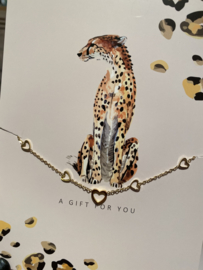 Stainless steel ketting hartjes op kaart “A gift for you”. Goud.