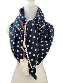 Wat dikkere sjaal in paars, blauw fancy bloem dessin / navy-offwhite  stip couture sjaal