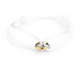 Satijn armbandje met bi-colour RVS (stainless steel) ringen. Wit