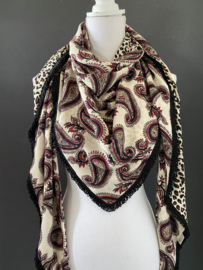 Paisley dessin in ecru - zwart - bordeaux rood / panter print, couture sjaal.
