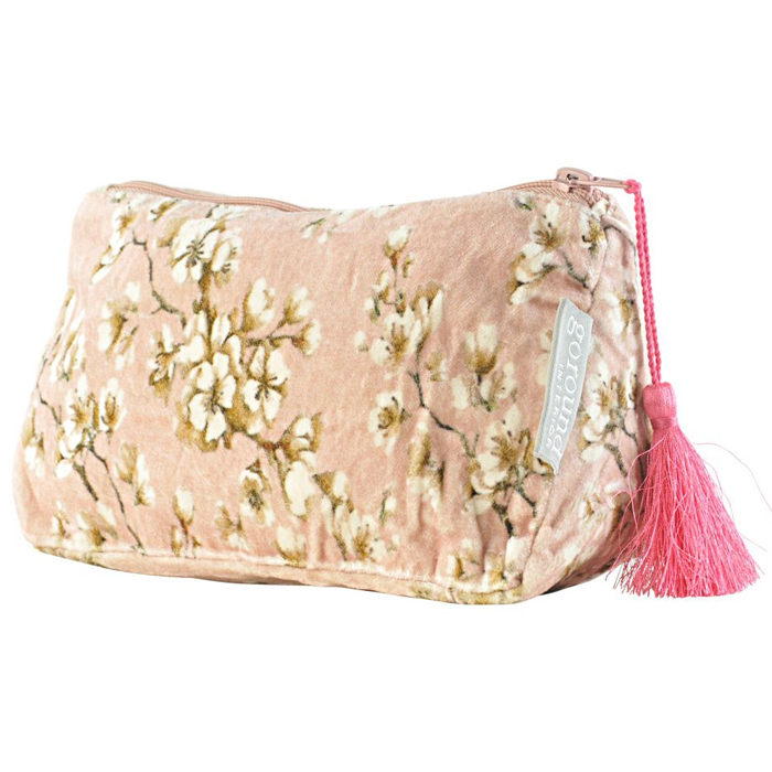 Super zachte velvet toilettas / pennen etui? Oud Roze met bloesem takjes.