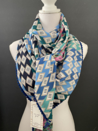 Olijfgroen - ecru bloem dessin / lichtbruine luipaard print. Couture sjaal