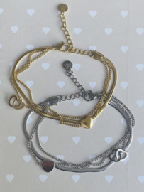 Stainless steel armband, hartjes, 3 laags. Goud.