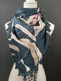 Petrol blauw - cerise groot  bloemen dessin met kiezel stip achterkant, couture sjaal.