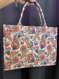 “Harde” tas / mini shopper roze stof paisley / bloemen.