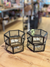 Glazen opberg box. Hexagon (6 hoekig). Antraciet metaal.