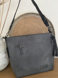 Bag 2 Bag middelgrote tas croco reliëf, model Kevo , écht leer. Zwart of Foggy Grey