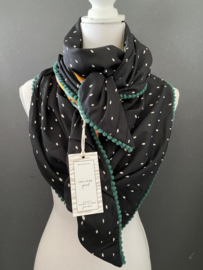 Okergeel bloem-blad patroon (crepe)  /mini stip zwart-grijs,  dikkere couture sjaal.
