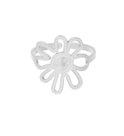RVS (stainless steel) bloemen ring met smiley. Zilver of goud