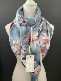 Oud blauw - roze bloemen dessin / offwhite-olijf mini bloemetje. Couture sjaal