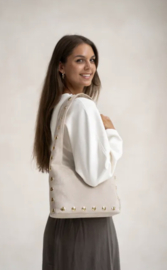 Zebra tas met gouden studs. Model Lilou. Medium formaat. Licht taupe (naturel)