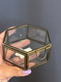Glazen opberg box. Hexagon (6 hoekig) Antiek goud / brons metaal.