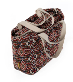 Mycha Ibiza, Méga, super grote strandtas + minitasje, donker rood- blauw-ecru-groen design, jacquardstof.