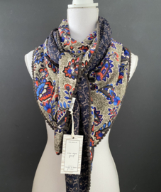 Kobaltblauw-rood-khaki bloemen dessin met navy-khaki achterkant, couture sjaal