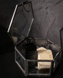 Glazen opberg box. Hexagon (6 hoekig). Antraciet metaal.