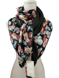 Satijnen bloemen print  / zwart-offwhite mini stip dessin. Couture sjaal