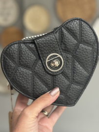 Imitatie leren tasje hart. Zwart. Dubbele ritsen. Zilver.