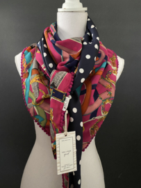 Fuchsia kleurrijke print  / navy-wit stip dessin. Couture sjaal