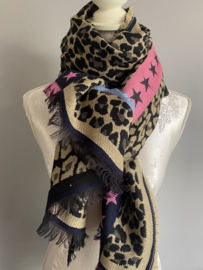 Jacquard geweven luipaard sjaal met tekst en kleur. Navy-roze