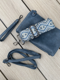 Jeans Blauw horizontaal tasje New York, imitatie leer + geweven band.