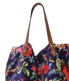 Mooie fluwelen shopper van Imbarro.  Paradise print. Donker paars