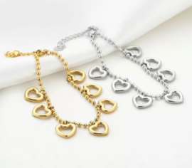 RVS (stainless steel) bolletjes ketting met hart bedels. Zilver- of  Goudkleurig.