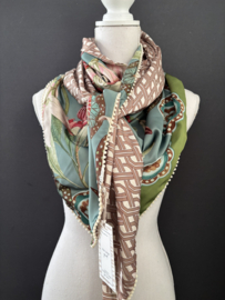 Blauw-groen / felgroen bloem dessin / taupe geografische print achterkant. Couture sjaal.