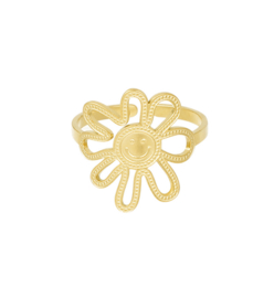 RVS (stainless steel) bloemen ring met smiley. Zilver of goud