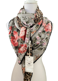 Licht groen / terra bloemen satijn / bruine crepe panter achterkant, couture sjaal