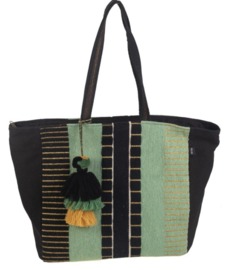 Medium - grote tas,  Ibiza style. Zwart - groen - goud / okergeel